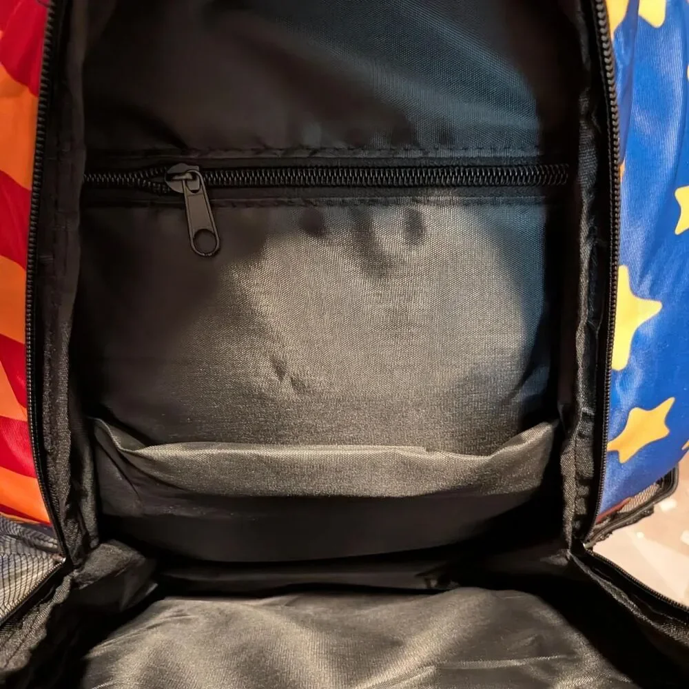Backpack with red/orange vertical stripes